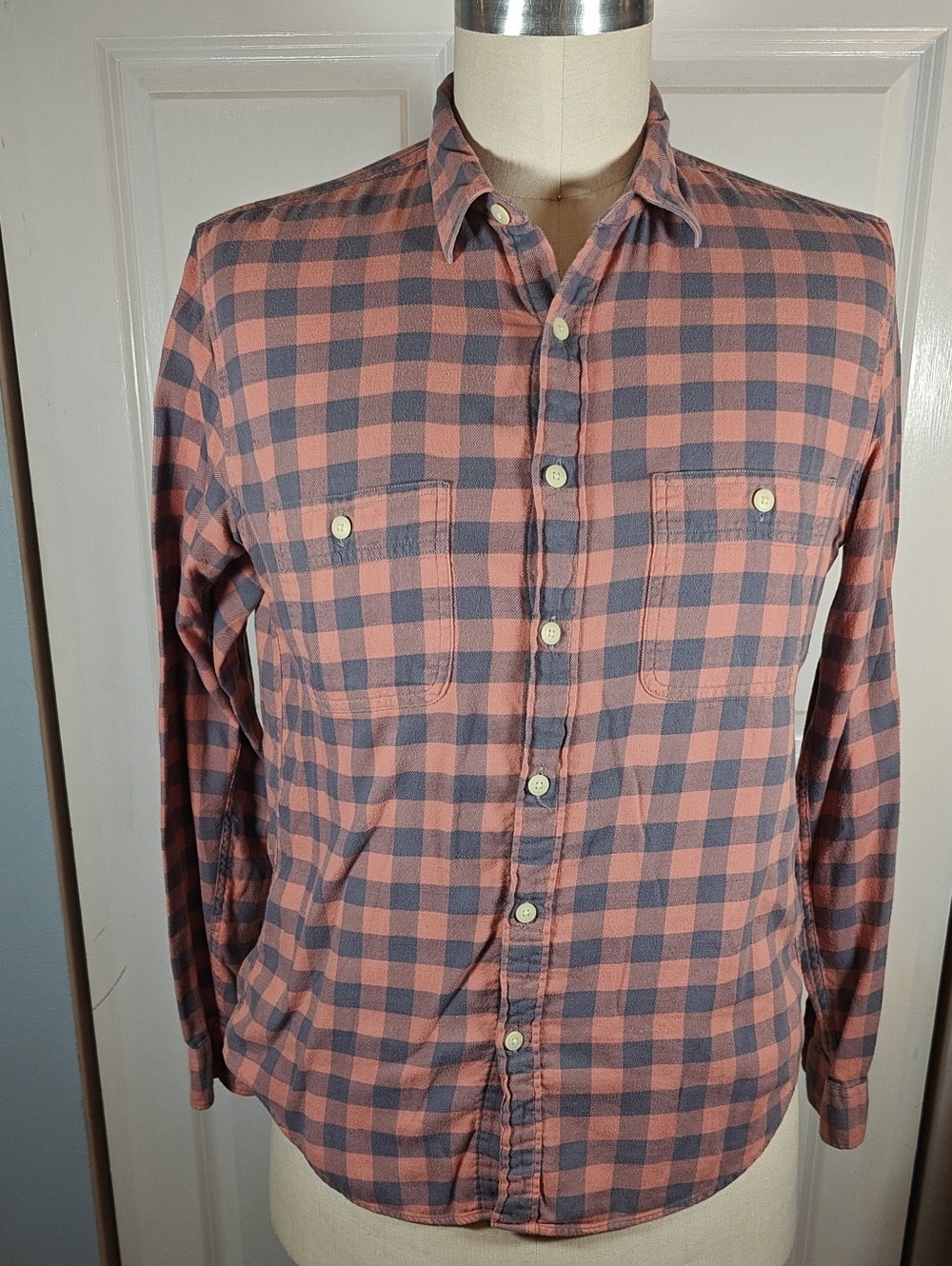 J Crew Mens Faded Salmon Pink Navy Plaid Slim Flannel Shirt Large